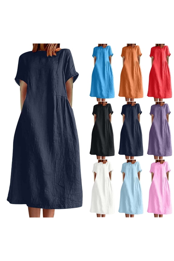 Women's Cotton Linen Maxi Dress Short Sleeve Round Neck Loose, Casual Summer Vacation Party Gown, Solid Color Fashion Sundress, Plus Size Flowy Clothing