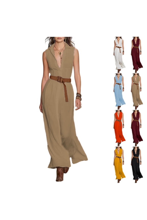 Women's Cotton Linen Maxi Dress Sleeveless V Neck High Waist Summer Casual Boho Gown, Solid Color Evening Apparel, Fashion Beach Clothing