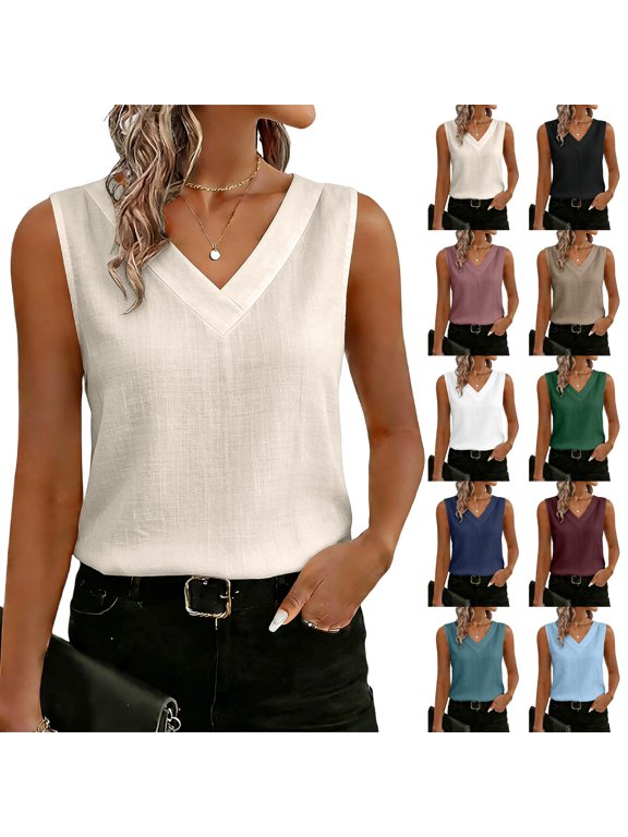 Women's Cotton Linen V-Neck Tank Top, Casual Sleeveless Overlap Neck Blouse, Lightweight Textured Summer Shell, Elegant Breezy Tunic for Office and Daily Wear