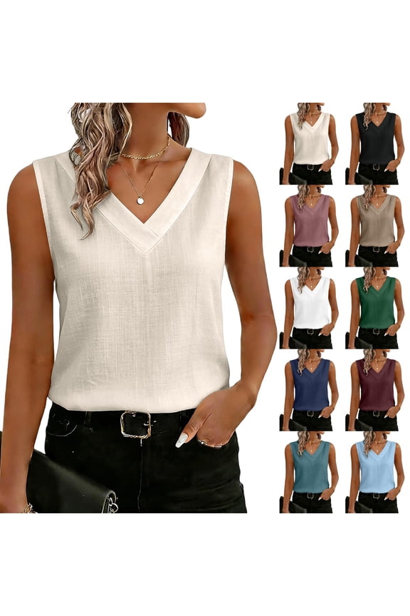 Women's Cotton Linen V-Neck Tank Top, Casual Sleeveless Overlap Neck Blouse, Lightweight Textured Summer Shell, Elegant Breezy Tunic for Office and Daily Wear