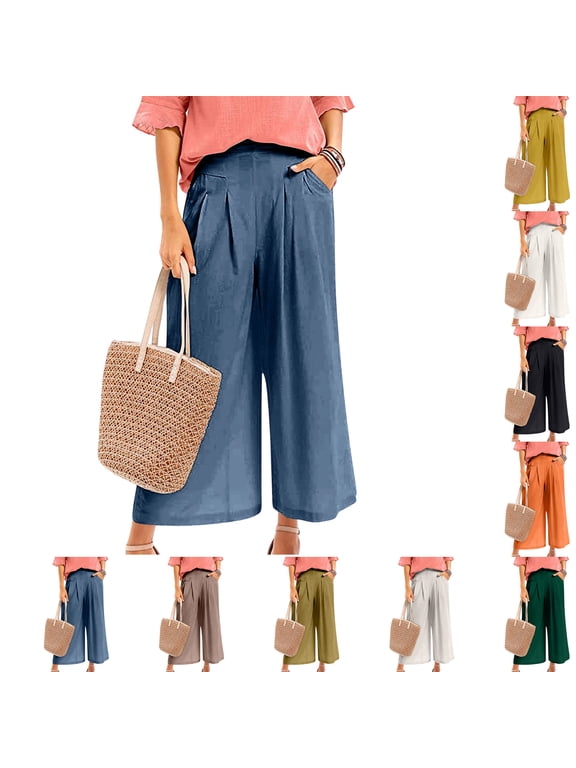 Women's Cotton Linen Wide Leg Pants, Elastic Waist Cropped Culottes with Pockets, Summer Casual Loose Trousers Summer Beach Capri Pants for Daily Wear