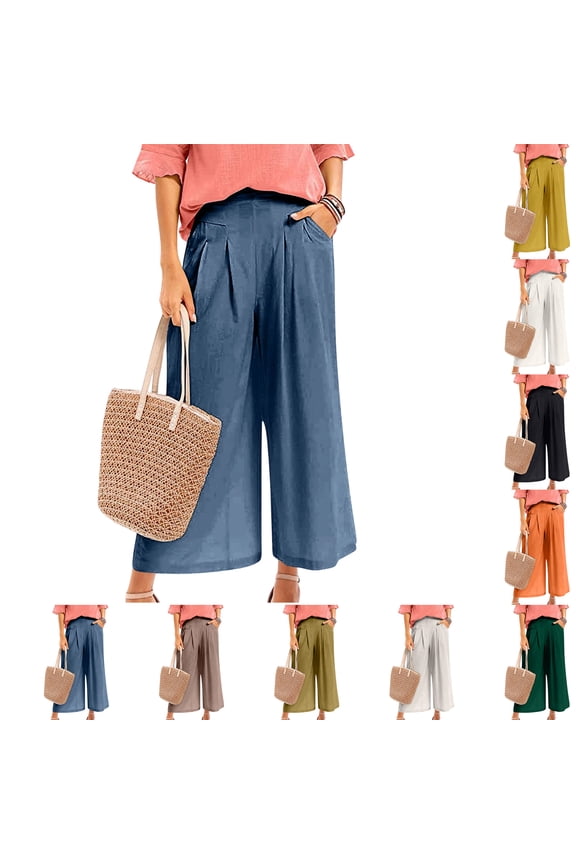 Women's Cotton Linen Wide Leg Pants, Elastic Waist Cropped Culottes with Pockets, Summer Casual Loose Trousers Summer Beach Capri Pants for Daily Wear