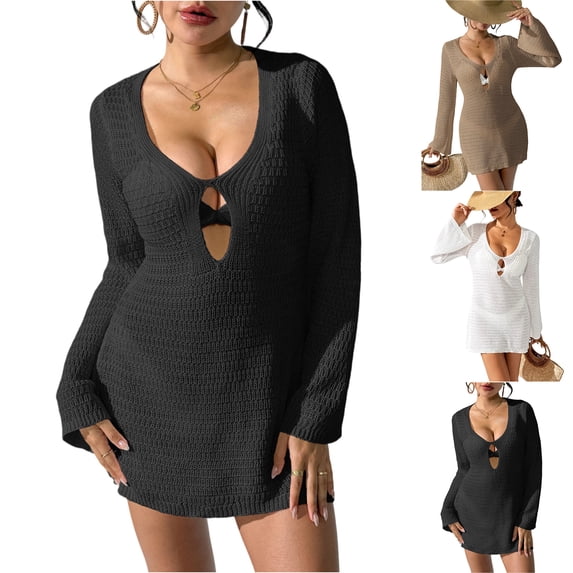 Laqbezok Women's Crochet Beach Cover Up, Sexy Deep V-Neck Hollow Out Mini Dress, Long Bell Sleeve See Through Knit Swimsuit Outerwear for Resort