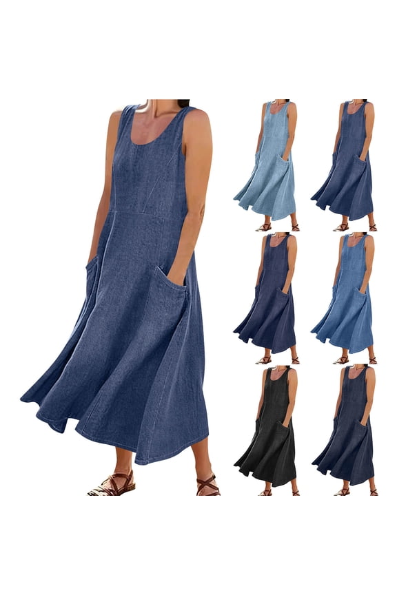 Women's Denim Sleeveless Maxi Dress, Casual Scoop Neck Loose Fit Sundress with Pockets, Chambray A-Line Swing Gown