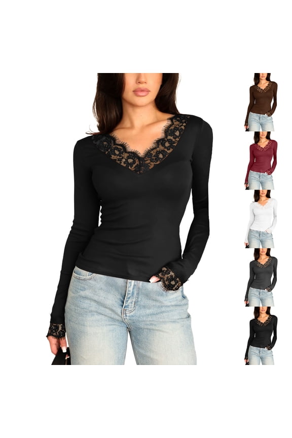Women's Elegant V-Neck Lace Trim Top, Long Sleeve Slim Fit Pullover, Sexy Lace Patchwork Shirt, Casual Blouse for Work or Date Night