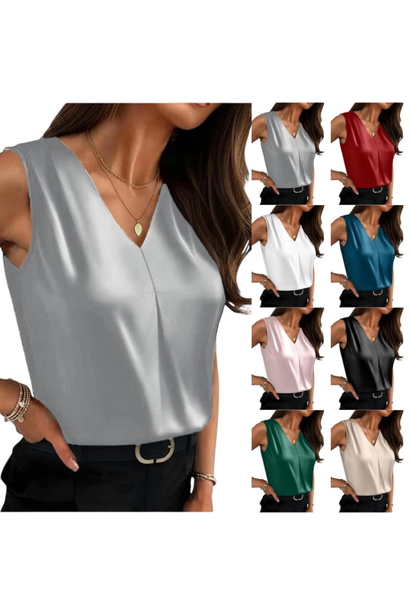 Women's Elegant V-Neck Satin Tank Top, Luxurious Silk-Like Sleeveless Blouse, Glossy Shell Top for Office and Evening Wear, Lightweight Dressy Cami for Business Casual Outfits