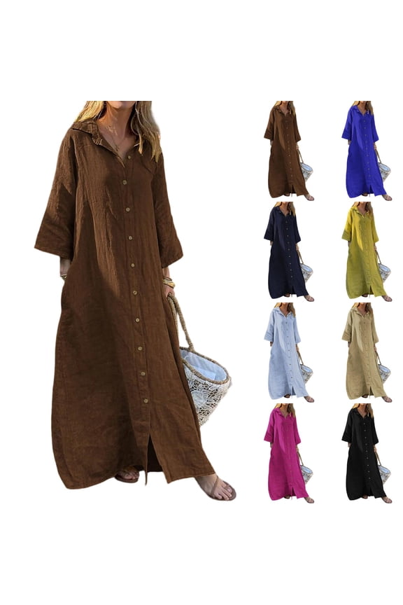 Women's Fashion Cotton Linen Shirt Dress, Solid Casual Long Sleeve Maxi Button-Down Dress, Elegant Loose Fit Cardigan Long Dress with Pockets, Versatile Everyday Caftan