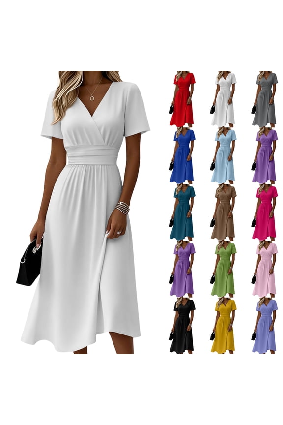 Women's Fashion Solid V-Neck Short Sleeve Dress, Elegant Ruched Waist Flare Midi Dress, Chic Pull-on Big Swing A-Line Sundress with Defined Waistline