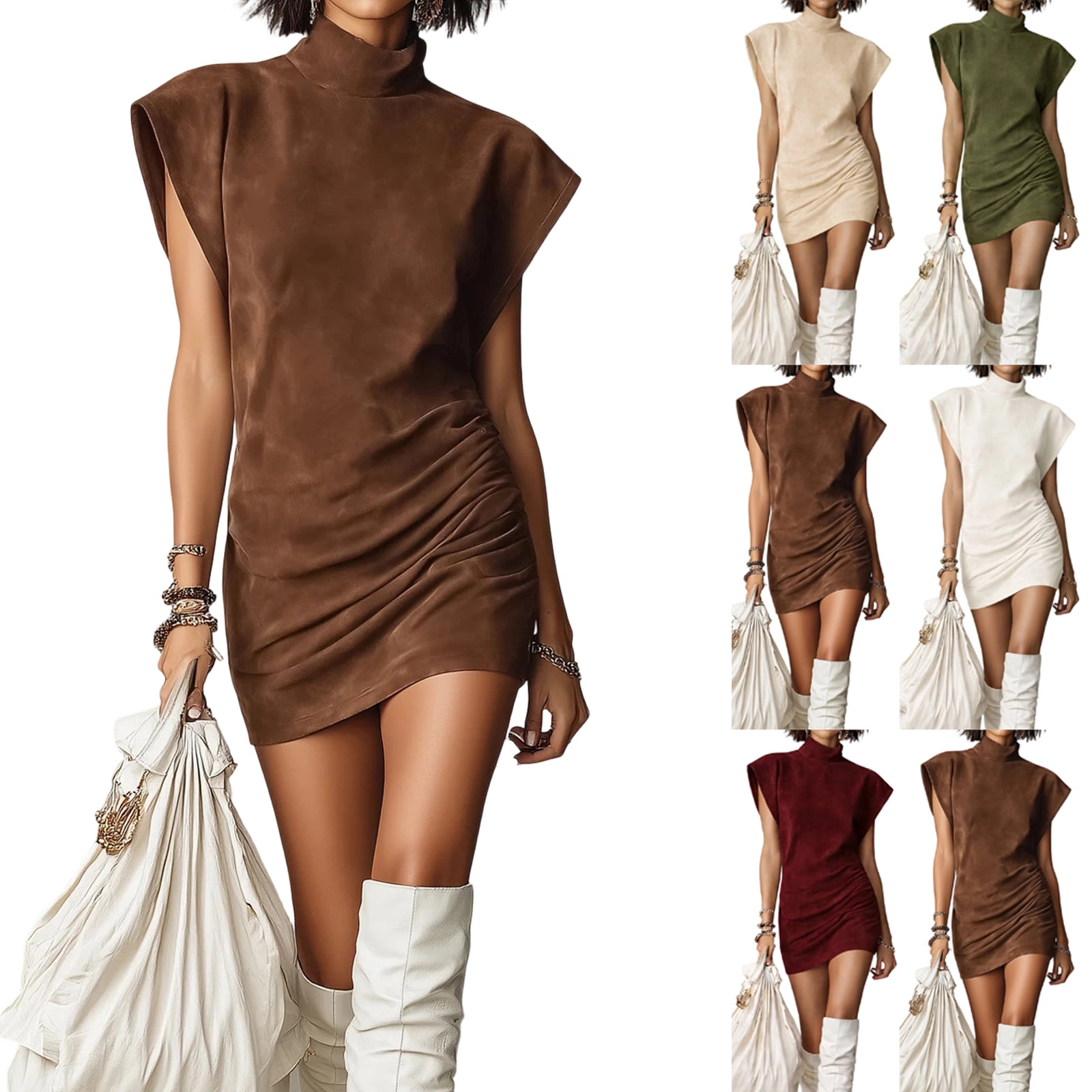 Laqbezok Women's Faux Suede Mock Neck Mini Dress, Sleeveless Ruched ...