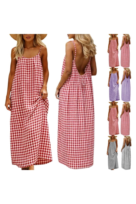 Women's Gingham Spaghetti Strap Maxi Dress, Casual Backless Summer Vacation Gown, Open Back Tie-Back Beach Sundress