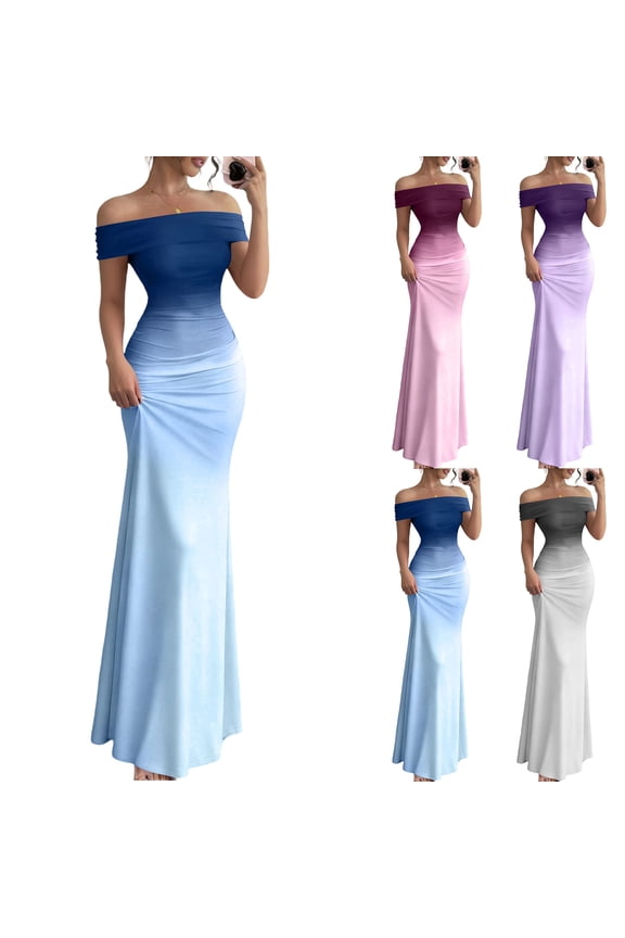 Women's Gradient Off-Shoulder Maxi Dress, French Chic Slim Fit Evening Gown, Ombre Ruched Mermaid Dress for Party Wedding