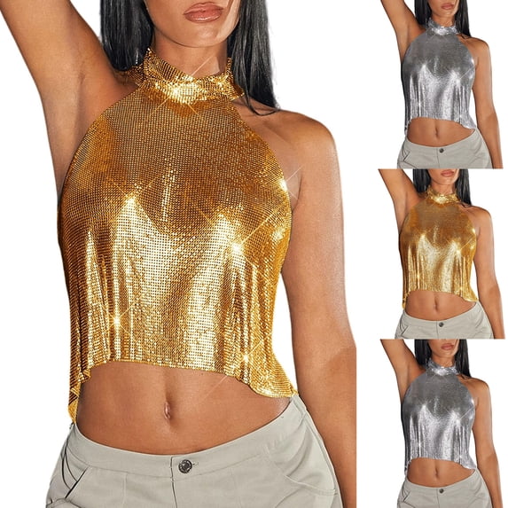 Laqbezok Women's High Neck Sequin Halter Crop Top, Backless Metallic Mesh Rave Tank, Shiny Club Party Outfit