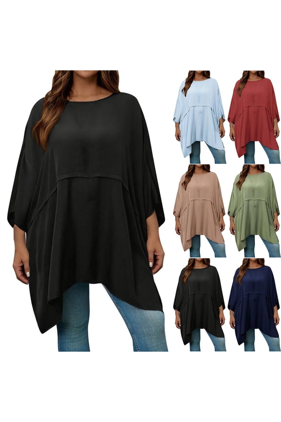 Women's Plus Size Casual Round Neck Top, Loose Fit Batwing Sleeve Blouse, Stylish Layered Hemline Pullover, Flattering Oversized Asymmetrical Tunic Summer Shirt