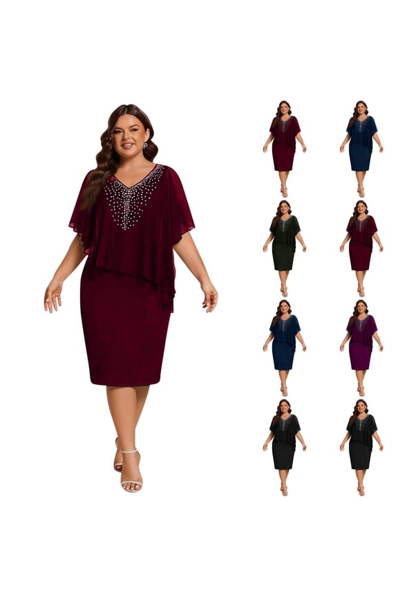 Women's Plus Size Chiffon Capelet Overlay Bodycon Dress, Elegant V-Neck Party Gown, Rhinestone Embellished Evening Wedding Guest Cocktail Dress