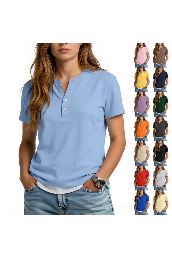 Women's Plus Size Cotton Blend Henley Tee Shirt, Short Sleeve Button Down Casual Summer Solid Color Top Everyday Comfort Fashion Blouse, Royal Blue, Size 3XL