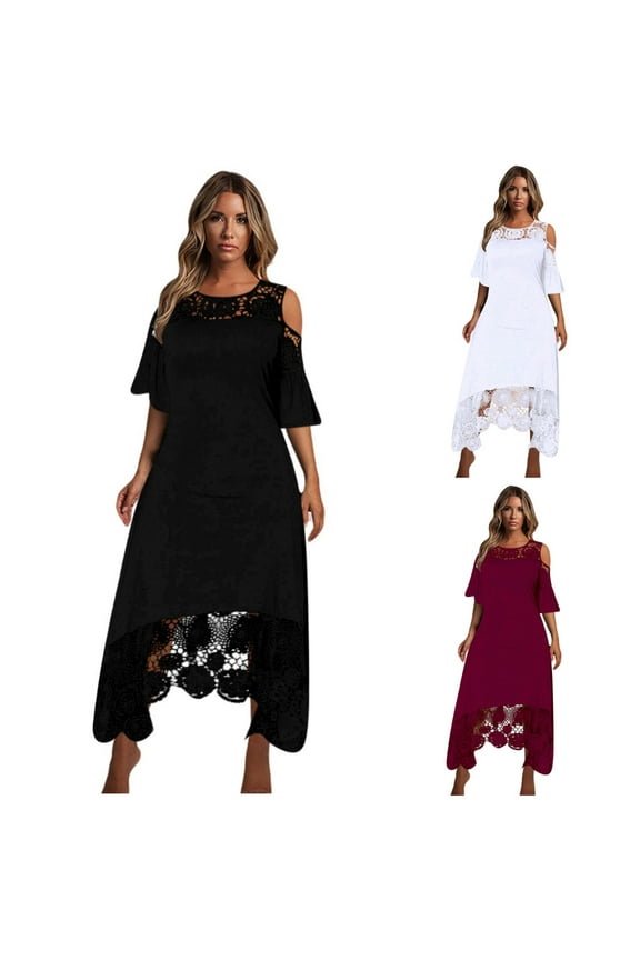 Women's Plus Size Dress Cold Shoulder Lace Patchwork Hollow Out High Low Hem, Sexy Summer Party Gown, Casual Solid Color Apparel, Elegant Evening Fashion Clothing