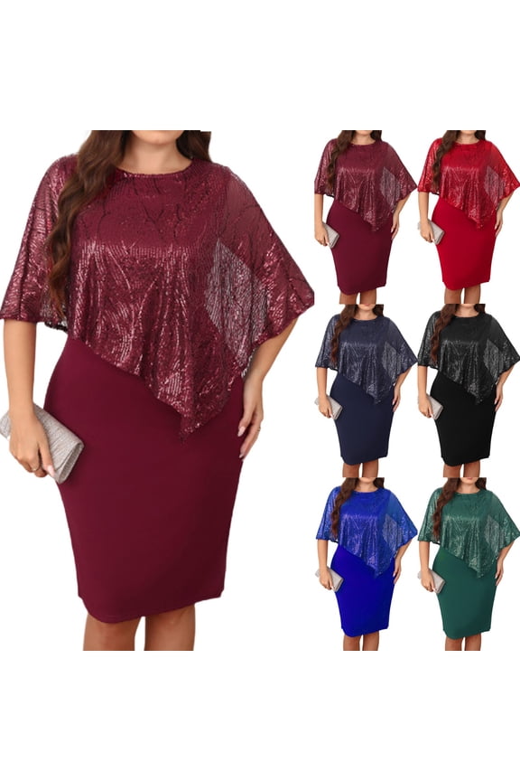 Women's Plus Size Sequin Patchwork Bodycon Dress, Elegant Asymmetric Overlay Party Gown, Shimmering Capelet Sheath Dress, Cocktail Evening Pencil Dress for Curvy Figures