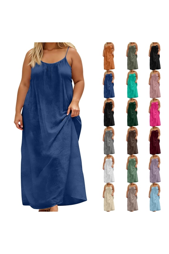 Women's Plus Size Solid Backless Cami Maxi Dress, Casual Sleeveless Spaghetti Strap Long Sundress, Elegant Adjustable Tie-Back Flowy Party Dress, Loose Fit Summer Beach Gown