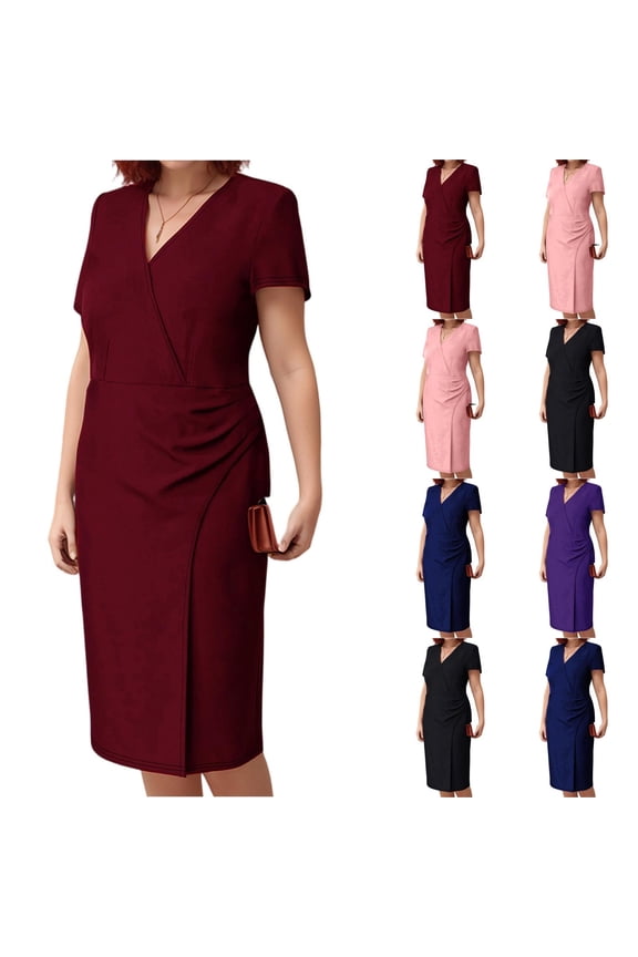Women's Plus Size V-Neck Ruched Bodycon Dress, Elegant Short Sleeve Wrap Work Dress, Business Casual Knee Length Sheath Dress, Slimming Side Slit Formal Party Dress