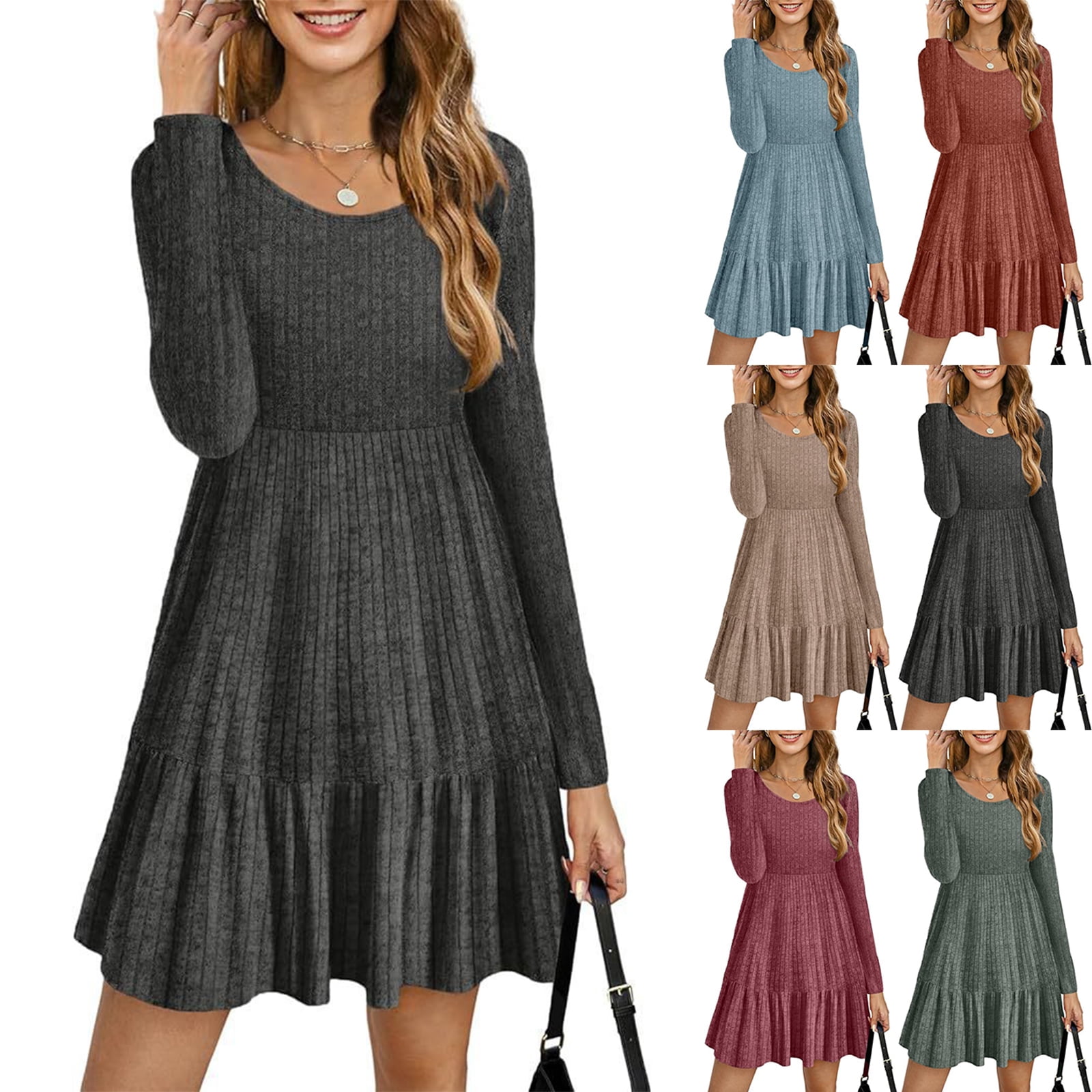 Laqbezok Women's Ribbed Knit Long Sleeve Dress, Casual Round Neck A ...