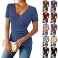 thumbnail image 1 of Laqbezok Women's Ribbed Knit Shirt, V Neck Short Sleeve Fitted Tops, Side Button Wrap Slim Fit Casual Summer Textured Blouse, Army Green, Size L, 1 of 8