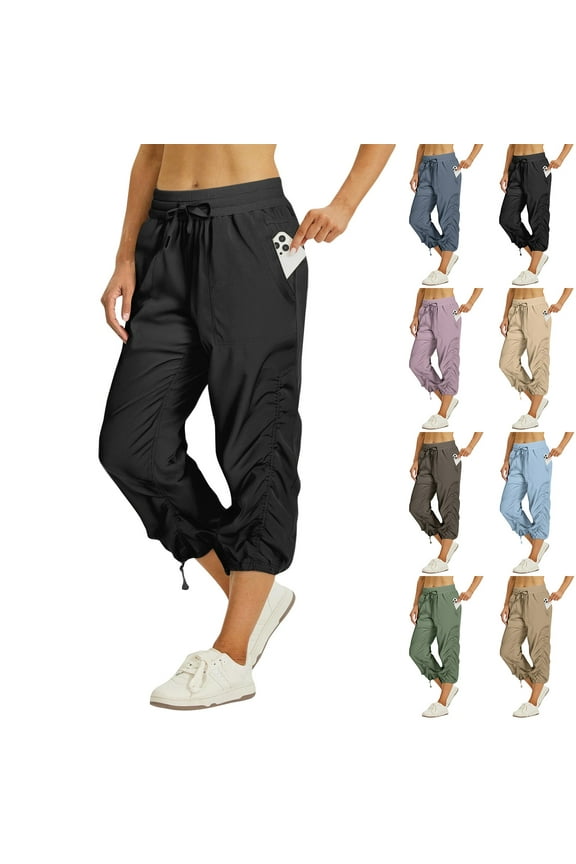 Women's Ruched Capri Cargo Pants with Pockets, Lightweight Quick Dry Hiking Joggers, Adjustable Drawstring Athletic Crop Pants for Outdoor & Summer Training