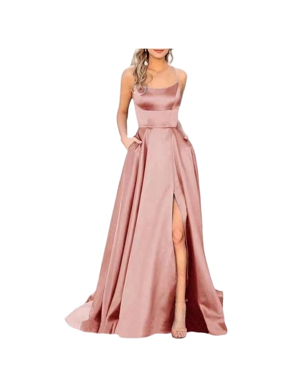 Women's Satin Bridesmaid Dress, Elegant High Slit Evening Gown, Formal Floor Length Prom Party Dress, Sexy Spaghetti Strap Wedding Guest Apparel