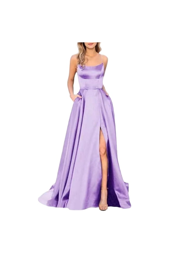 Women's Satin Bridesmaid Dress, Elegant High Slit Evening Gown, Formal Floor Length Prom Party Dress, Sexy Spaghetti Strap Wedding Guest Apparel