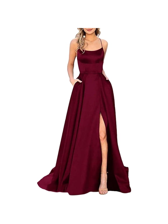 Women's Satin Bridesmaid Dress, Elegant High Slit Evening Gown, Formal Floor Length Prom Party Dress, Sexy Spaghetti Strap Wedding Guest Apparel