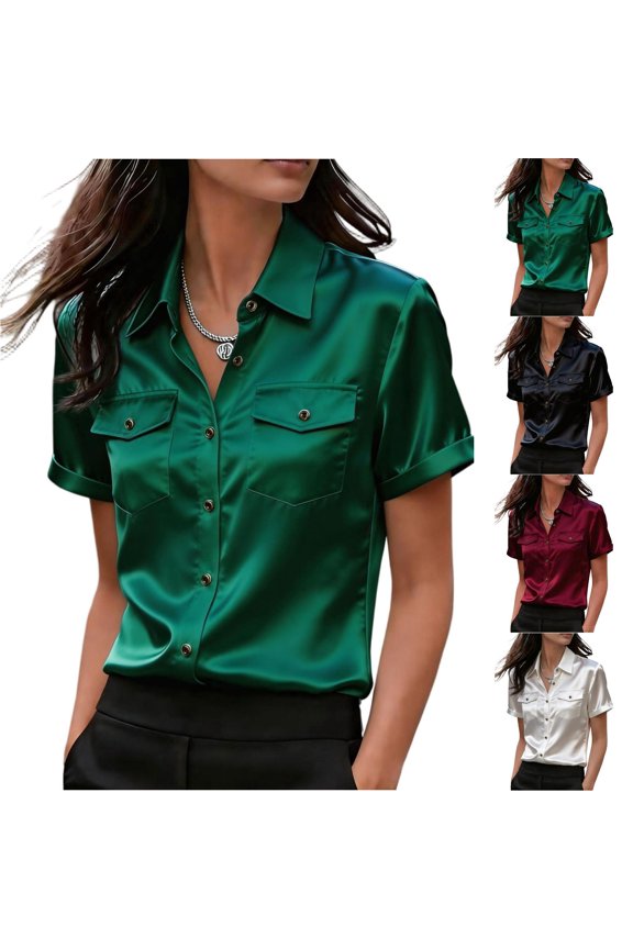 Women's Satin Short Sleeve Shirt, Elegant Silky Button Down Blouse, Professional Work Top with Double Pockets, Slim Fit Summer Office Shirt