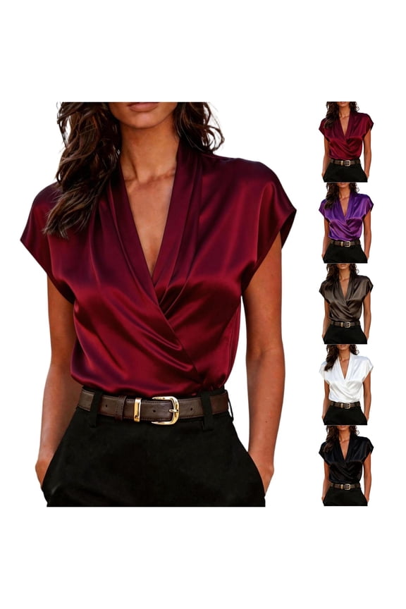 Women's Satin Wrap V-Neck Blouse, Elegant Short Sleeve Silk-Feel Top, Professional Office Crossover Shirt, Sexy Party Night Out Gown
