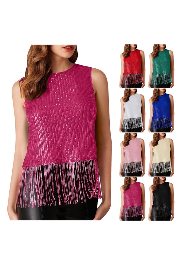 Women's Sequin Fringe Tank Top Sleeveless Round Neck Sparkly Shimmer Party Tassel Cropped Shiny Outfit