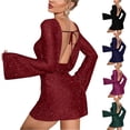 thumbnail image 1 of Laqbezok Women's Sexy Backless Glitter Mini Dress, Long Bell Sleeve Shimmering Bodycon Gown for Party Cocktail Evening Night Club, 1 of 5