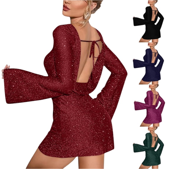 Laqbezok Women's Sexy Backless Glitter Mini Dress, Long Bell Sleeve Shimmering Bodycon Gown for Party Cocktail Evening Night Club