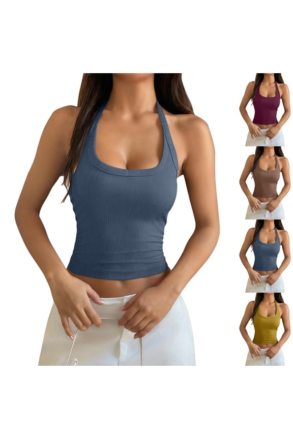 Women's Sexy Halter Neck Tank Top, Ribbed Knit Sleeveless Camisole, Slim Fit Bodycon Crop Top, Casual Summer Backless Base Layer for Club & Streetwear