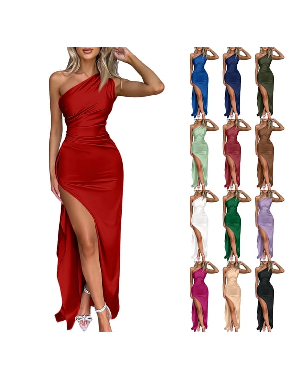 Women's Sexy One Shoulder Satin Maxi Dress, Sleeveless Backless Ruched Bodycon Gown, Elegant High Split Party Outfit for Cocktail Wedding Guest