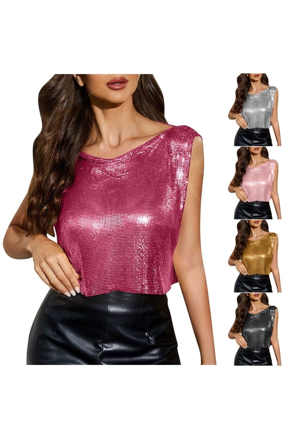 Women's Sexy Sleeveless Sequin Tank Top, Metallic Sparkly Crop Blouse, Party Night Out Outfit