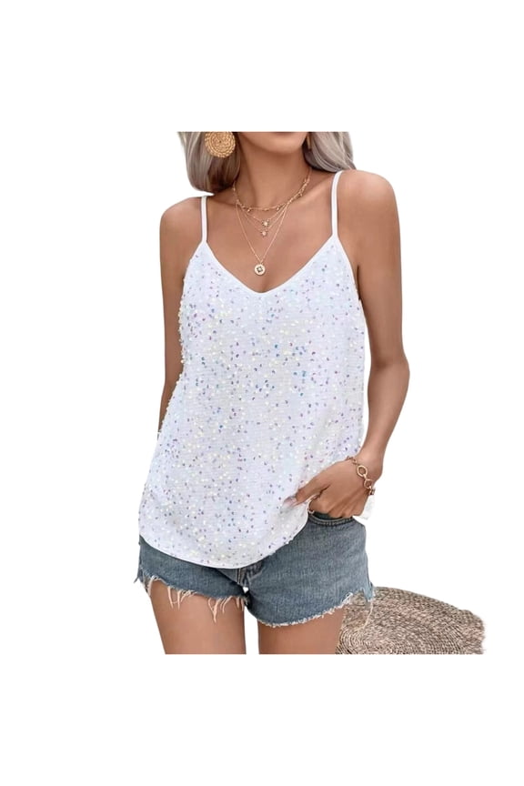 Women's Sexy V Neck Sequin Camisole Tank Top, Sparkly Sleeveless Strap Blouse, Shiny Club Party Outfit