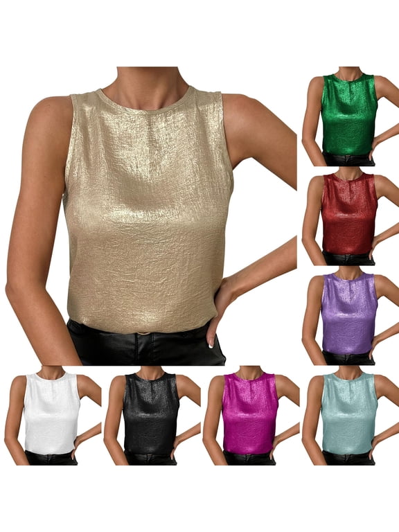 Women's Shimmery Tank Top, Metallic Sleeveless Party Shell, Shiny Round Neck Crinkle Blouse, Glittery Summer Night Out Top