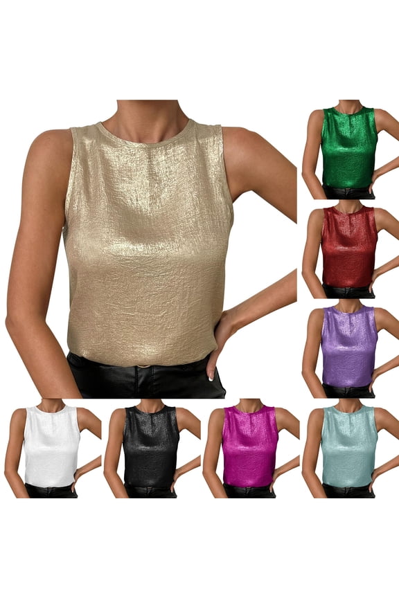Women's Shimmery Tank Top, Metallic Sleeveless Party Shell, Shiny Round Neck Crinkle Blouse, Glittery Summer Night Out Top