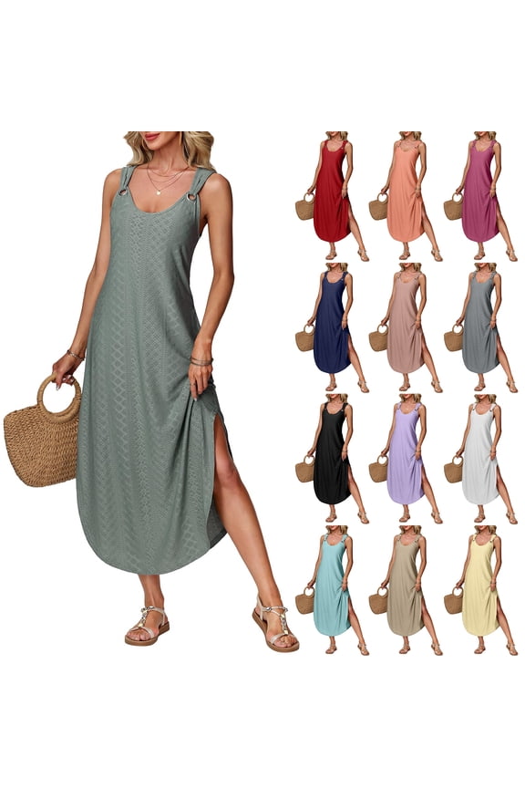 Women's Sleeveless Maxi Dress, Side Slit Metal Ring Strap Tank Gown, Textured Geometric Knit Boho Summer Sundress for Beach Vacation