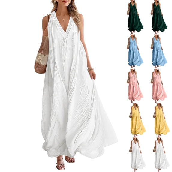 Laqbezok Women's Sleeveless V-Neck Maxi Dress, Casual Oversized Flowy Summer Long Gown, Boho Textured Beach Sundress with Pockets