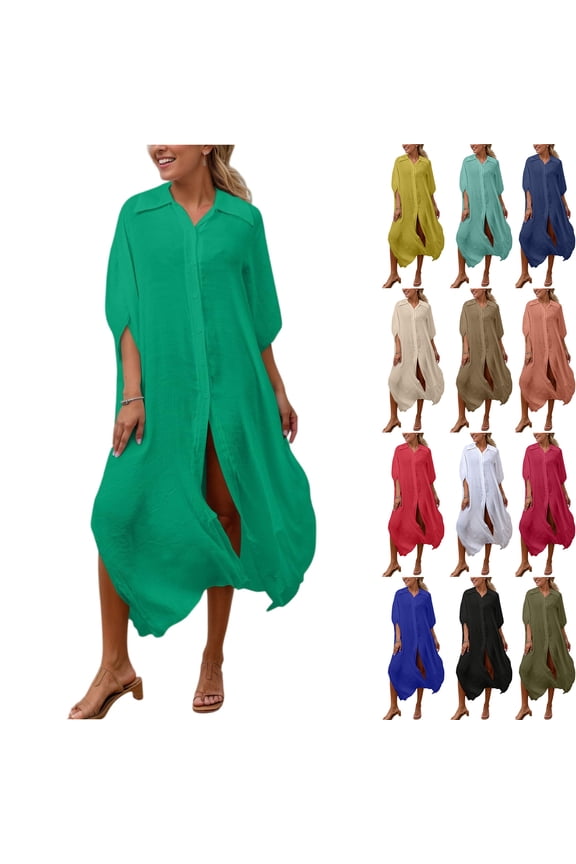 Women's Slub Linen Shirt Dress, Oversized Beach Cover Up, Long Button Down Bikini Cardigan, Casual Sun Protection Sundress with High Slits