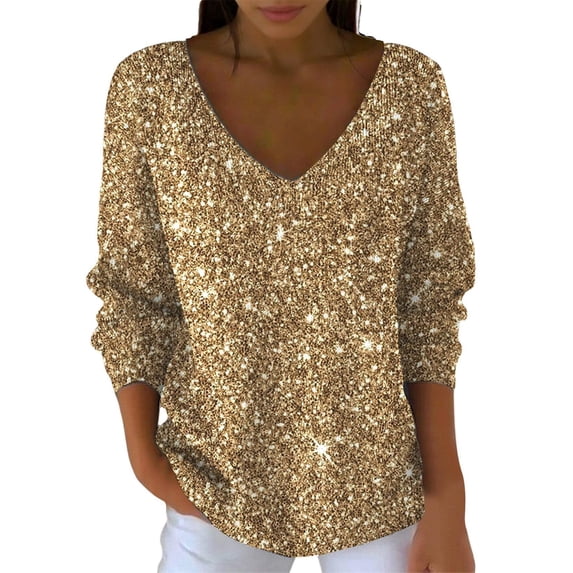 Laqbezok Women's Sparkly V Neck Long Sleeve Top, Shimmering Glitter Casual Faux Knit Sweater, Party Night Out Glow Pullover Fashion Outfit