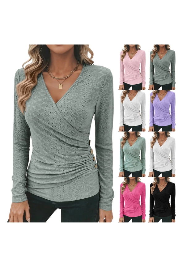 Women's Textured Surplice V-Neck Top – Slim-Fit Wrap Ruched Long-Sleeve Casual Workwear Blouse for Women, Mint Green, Size M
