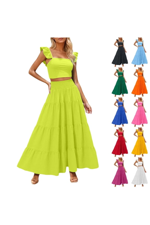 Women's Two Piece Set Crop Top Tiered Maxi Skirt Sleeveless Smocked Waist, Summer Boho Vacation Gown, Solid Color Fashion Apparel, Party Beach Clothing
