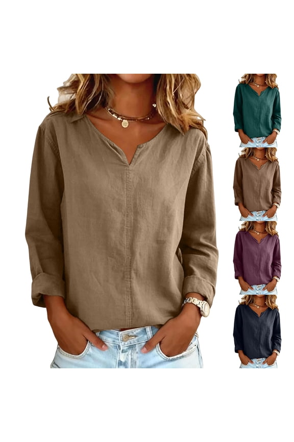Women's V Neck Cotton Linen Shirts Long Sleeve Fashion Blouse Loose Fit Casual Solid Color Work Pullover Tops, Light Brown, Size M