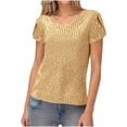 thumbnail image 1 of Laqbezok Women's V Neck Sequin Short Sleeve T-Shirt, Sparkly Linear Shimmer Blouse, Casual Party Fashion Outfit, 1 of 9