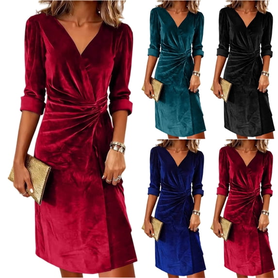 Laqbezok Women's V Neck Velvet Dress Long Sleeve Ruched Cocktail Party Gown, Elegant Solid Color Evening Apparel, Sexy Slim Fit Clothing, Fall Winter Casual Fashion