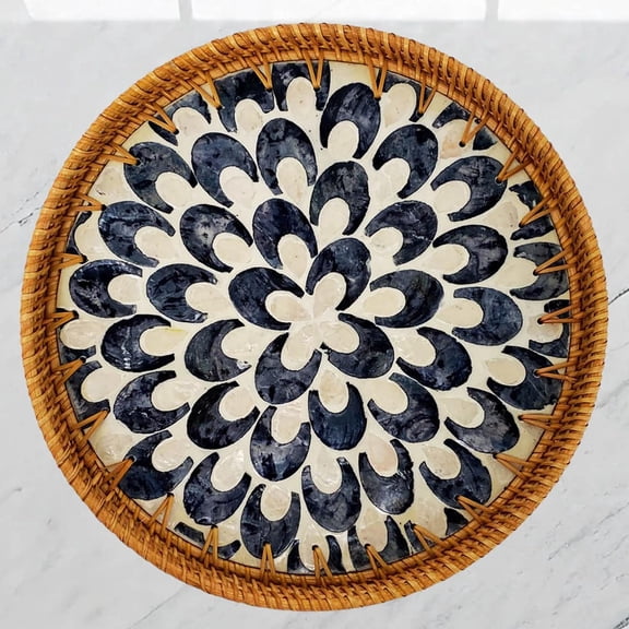 Laquedecraft 11.8" Black Moon Wicker Round Rattan Mother of Pearl Serving Basket Tray for Décor Coffee Table | Large Boho Circle Woven Decorative Trays for Outdoor, Home, Kitchen Display (11.8 inch)